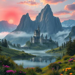 a magical landscape featuring a grand castle nestled amidst towering mountains, a crimson sunrise painting the sky, and a serene lake reflecting the scenery