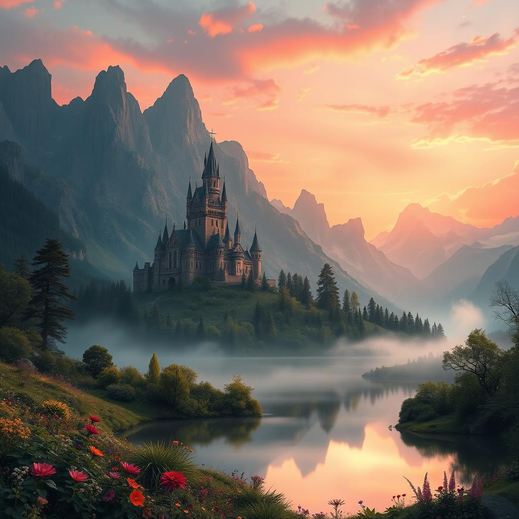 a magical landscape featuring a grand castle nestled amidst towering mountains, a crimson sunrise painting the sky, and a serene lake reflecting the scenery