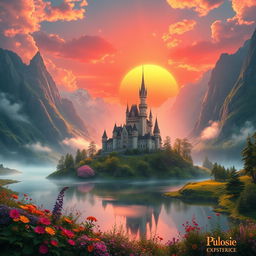 a magical landscape featuring a grand castle nestled amidst towering mountains, a crimson sunrise painting the sky, and a serene lake reflecting the scenery