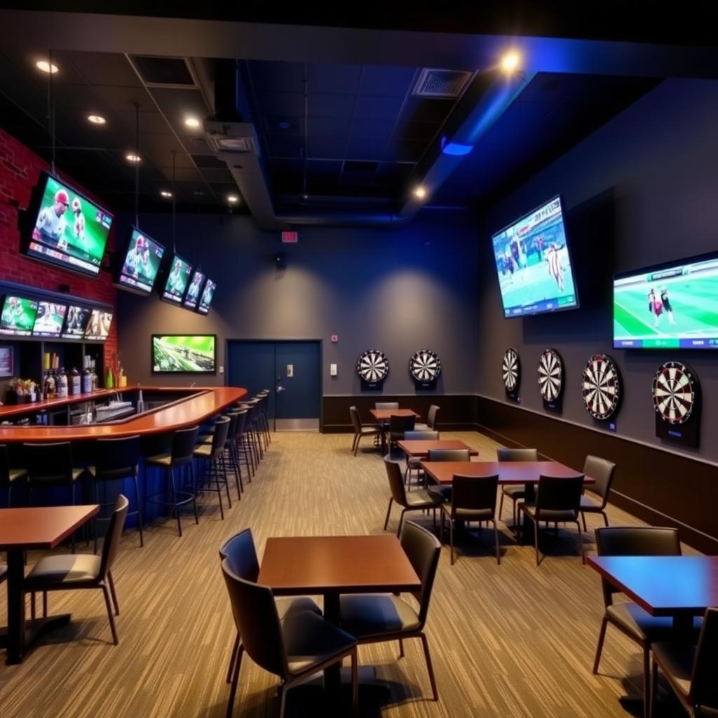 A rectangular room featuring a sports bar at one end with a rectangular bar counter