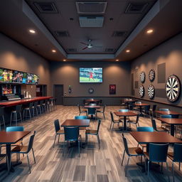 A rectangular room featuring a sports bar at one end with a rectangular bar counter