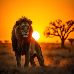 A majestic lion in the golden savannah during sunset, with a warm orange sky and silhouettes of acacia trees in the background