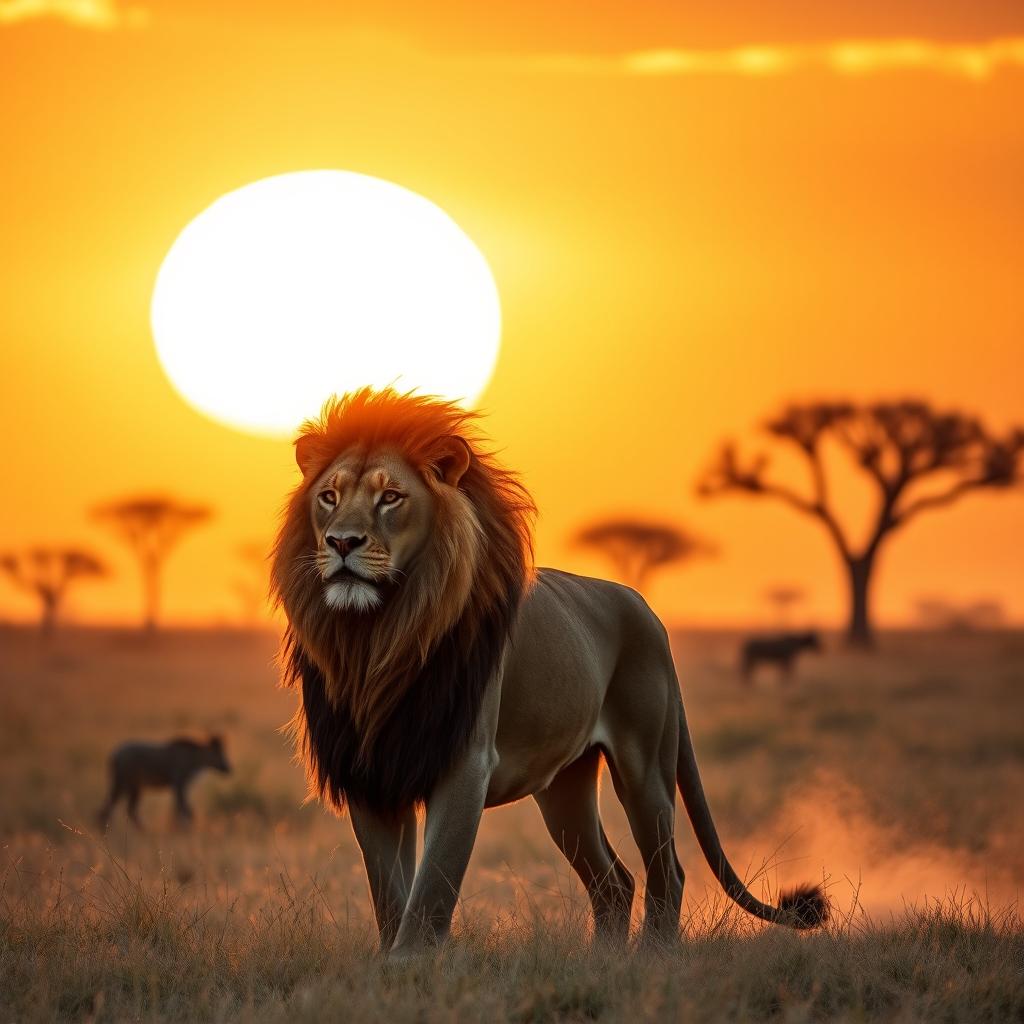 A majestic lion in the golden savannah during sunset, with a warm orange sky and silhouettes of acacia trees in the background