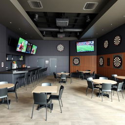 A rectangular room featuring a sports bar at one end with a rectangular bar counter