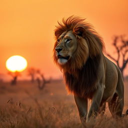 A majestic lion in the golden savannah during sunset, with a warm orange sky and silhouettes of acacia trees in the background