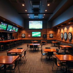 A rectangular room featuring a sports bar at one end with a rectangular bar counter