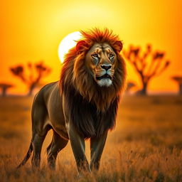 A majestic lion in the golden savannah during sunset, with a warm orange sky and silhouettes of acacia trees in the background