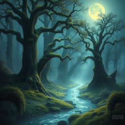 an ethereal forest landscape bathed in soft moonlight, with ancient towering trees adorned with luminescent moss, gentle mist flowing through the air, and a serene sparkling stream meandering through the scene, creating a tranquil and mystical atmosphere