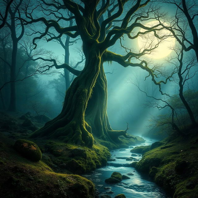 an ethereal forest landscape bathed in soft moonlight, with ancient towering trees adorned with luminescent moss, gentle mist flowing through the air, and a serene sparkling stream meandering through the scene, creating a tranquil and mystical atmosphere