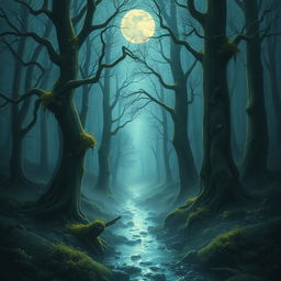 an ethereal forest landscape bathed in soft moonlight, with ancient towering trees adorned with luminescent moss, gentle mist flowing through the air, and a serene sparkling stream meandering through the scene, creating a tranquil and mystical atmosphere