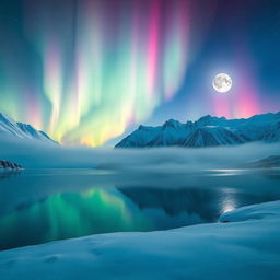 An ethereal landscape featuring a tranquil lake under a sky filled with vibrant auroras, surrounded by snow-capped mountains