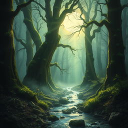 an ethereal forest landscape bathed in soft moonlight, with ancient towering trees adorned with luminescent moss, gentle mist flowing through the air, and a serene sparkling stream meandering through the scene, creating a tranquil and mystical atmosphere