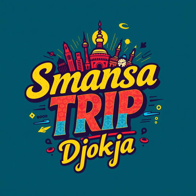 A vibrant and trendy T-shirt design featuring the text "Smansa Trip Djokja" in bold and dynamic typography, blending modern and traditional elements to reflect the cultural richness of Djokja