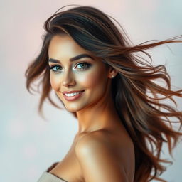 A stunning woman in her 20s with flowing hair, captivating eyes, and an enchanting smile