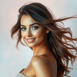 A stunning woman in her 20s with flowing hair, captivating eyes, and an enchanting smile