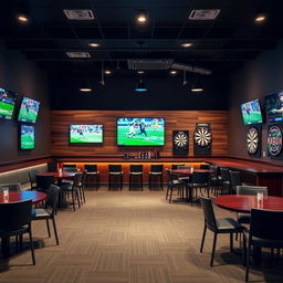 A rectangular room featuring a sports bar with a rectangular bar counter at one end