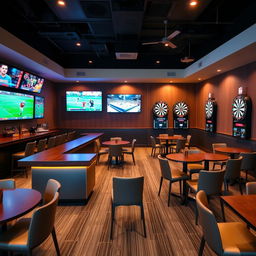 A rectangular room featuring a sports bar with a rectangular bar counter at one end