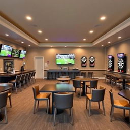 A rectangular room featuring a sports bar with a rectangular bar counter at one end