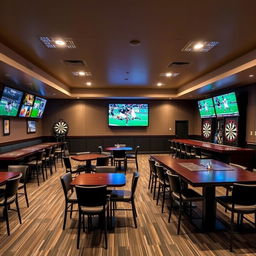 A rectangular room featuring a sports bar with a rectangular bar counter at one end