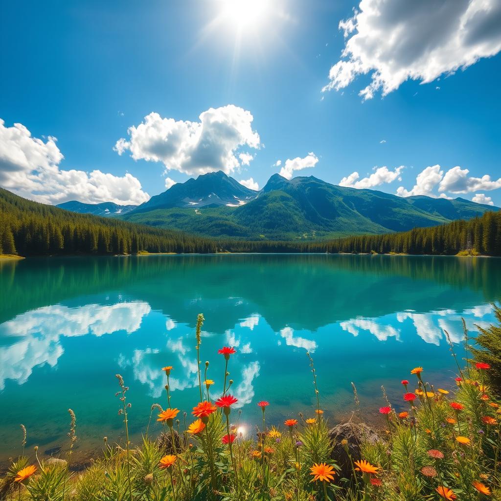 a serene landscape with a crystal-clear lake surrounded by lush green forests and majestic mountains