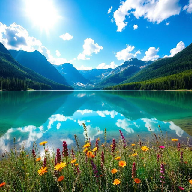 a serene landscape with a crystal-clear lake surrounded by lush green forests and majestic mountains