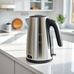 a modern and stylish electric kettle with a sleek stainless steel finish, a transparent water level indicator, and a digital temperature control panel