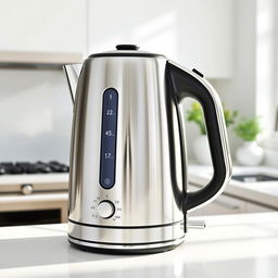 a modern and stylish electric kettle with a sleek stainless steel finish, a transparent water level indicator, and a digital temperature control panel