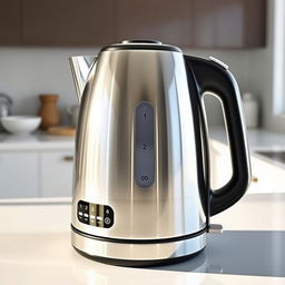 a modern and stylish electric kettle with a sleek stainless steel finish, a transparent water level indicator, and a digital temperature control panel