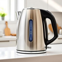 a modern and stylish electric kettle with a sleek stainless steel finish, a transparent water level indicator, and a digital temperature control panel