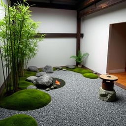 A serene internal garden designed in a Zen style, featuring meticulously arranged stones, a small koi pond, and minimalist bamboo plants