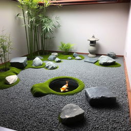 A serene internal garden designed in a Zen style, featuring meticulously arranged stones, a small koi pond, and minimalist bamboo plants