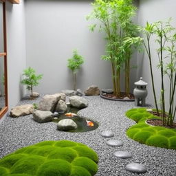 A serene internal garden designed in a Zen style, featuring meticulously arranged stones, a small koi pond, and minimalist bamboo plants