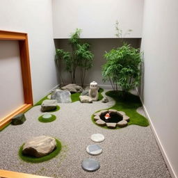 A serene internal garden designed in a Zen style, featuring meticulously arranged stones, a small koi pond, and minimalist bamboo plants