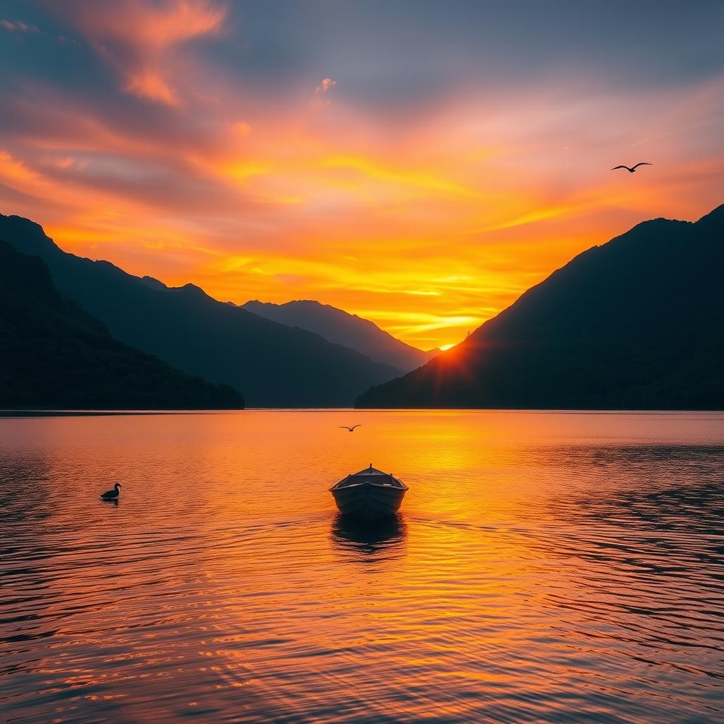 A serene sunset over a tranquil lake surrounded by lush green mountains