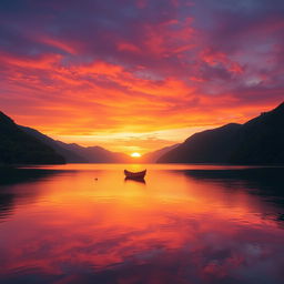 A serene sunset over a tranquil lake surrounded by lush green mountains