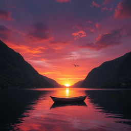 A serene sunset over a tranquil lake surrounded by lush green mountains