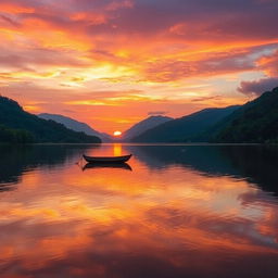 A serene sunset over a tranquil lake surrounded by lush green mountains