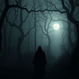 A dark and eerie forest shrouded in mist, with twisted trees casting long shadows