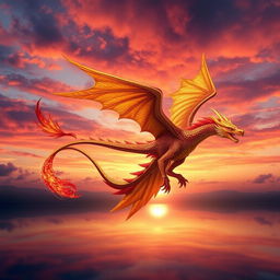 A mythical creature, blending elements of a dragon and a phoenix, soaring majestically through a vibrant twilight sky