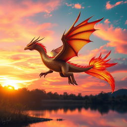 A mythical creature, blending elements of a dragon and a phoenix, soaring majestically through a vibrant twilight sky