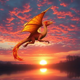 A mythical creature, blending elements of a dragon and a phoenix, soaring majestically through a vibrant twilight sky