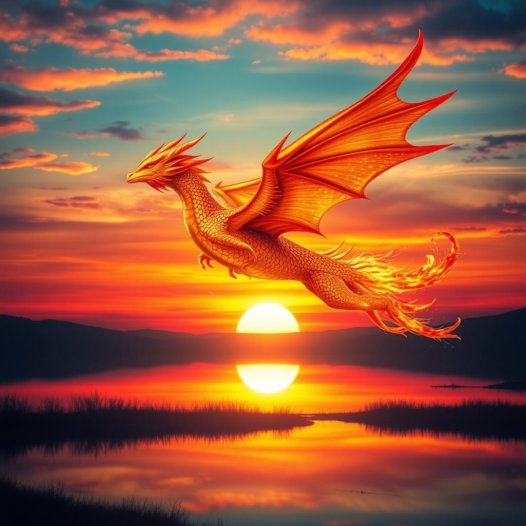 A mythical creature, blending elements of a dragon and a phoenix, soaring majestically through a vibrant twilight sky