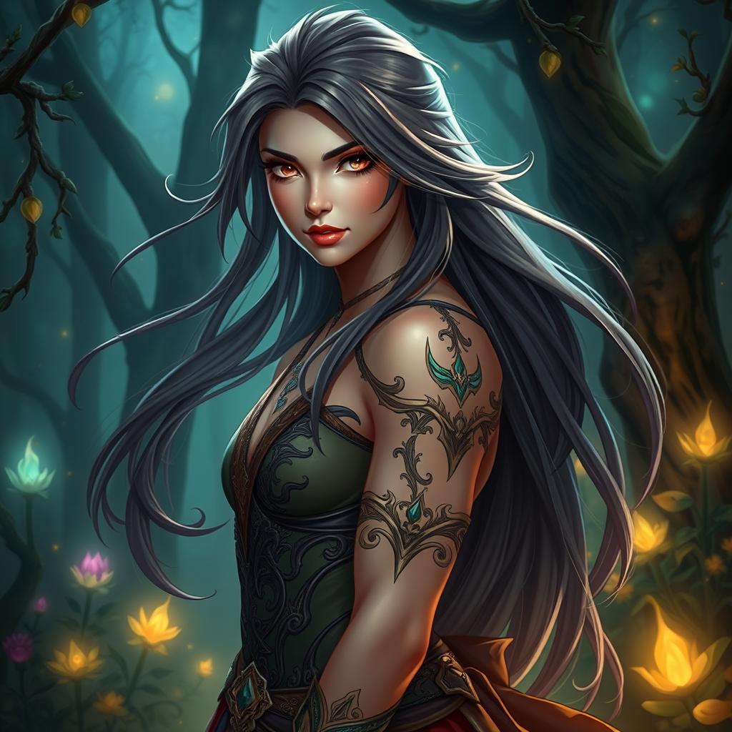 A beautiful and fantastical character combining traditionally masculine and feminine attributes in a mystical forest setting