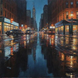 Oil painting of a nighttime New York City, lights glistening brightly on wet asphalt after rain, city landscape distorted in the shiny puddles.