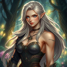 A beautiful and fantastical character combining traditionally masculine and feminine attributes in a mystical forest setting