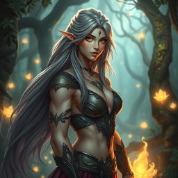 A beautiful and fantastical character combining traditionally masculine and feminine attributes in a mystical forest setting