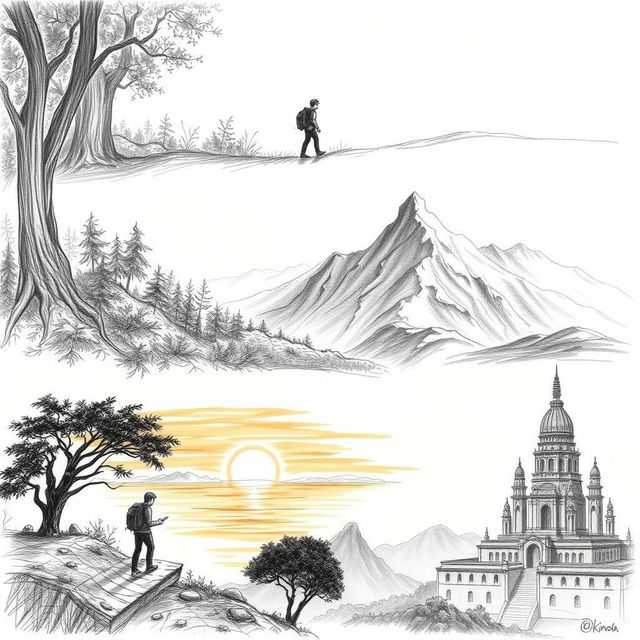 A series of pencil sketches depicting a journey of self-discovery featuring a lone traveler moving through various picturesque landscapes