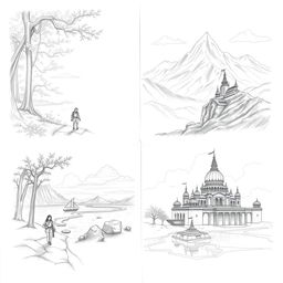 A series of pencil sketches depicting a journey of self-discovery featuring a lone traveler moving through various picturesque landscapes