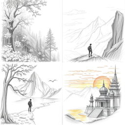 A series of pencil sketches depicting a journey of self-discovery featuring a lone traveler moving through various picturesque landscapes