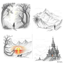 A series of pencil sketches depicting a journey of self-discovery featuring a lone traveler moving through various picturesque landscapes